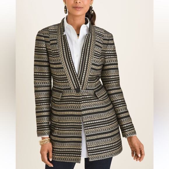 Chicos Gold Metallic Tweed Gold Statement Jacket Women Size S Longline Textured - Picture 4 of 10